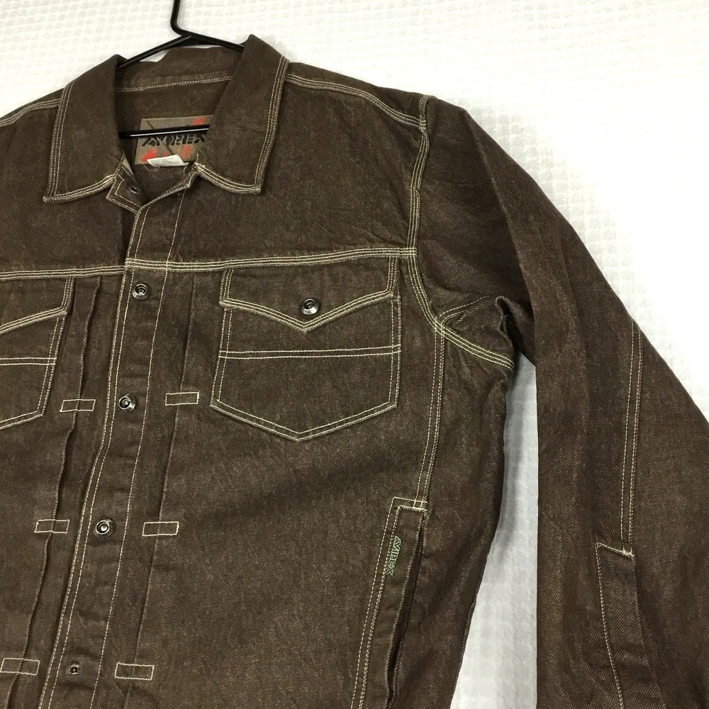 Avirex USA Mens XXL Brown Cotton Denim Trucker Jacket Embroidered Logo Vintage - Picture 9 of 13